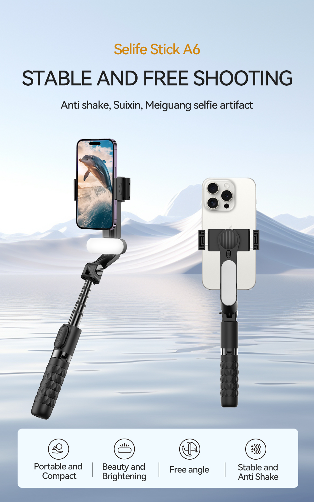 BF-A6 3-in-1 Phone Gimbal Stabilizer & Selfie Stick Tripod with Fill Light